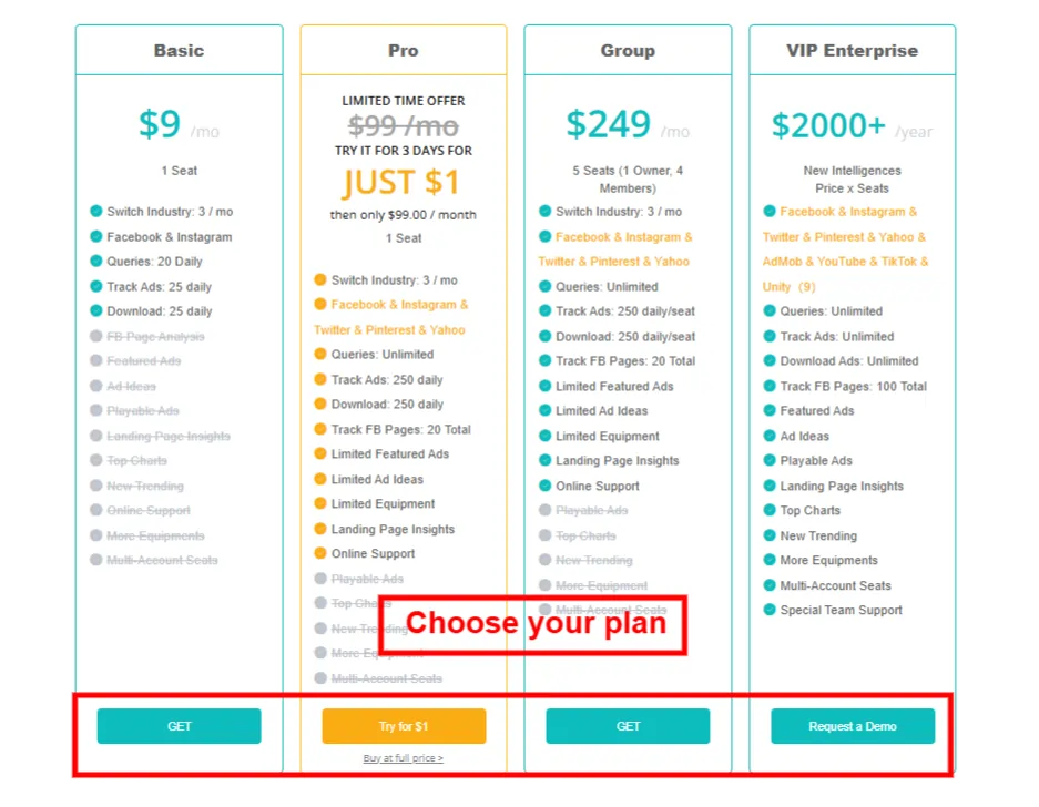 Choose BigSpy Plan