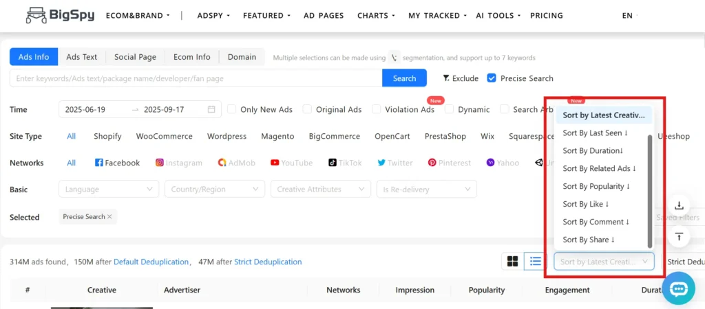 Bigspy Competitors Ads Sorting Options
