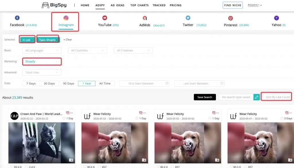 Instagram ad spying with BigSpy
