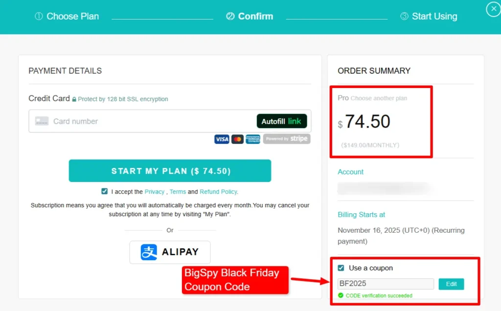 Applying BigSpy Black Friday Coupon code at Checkout