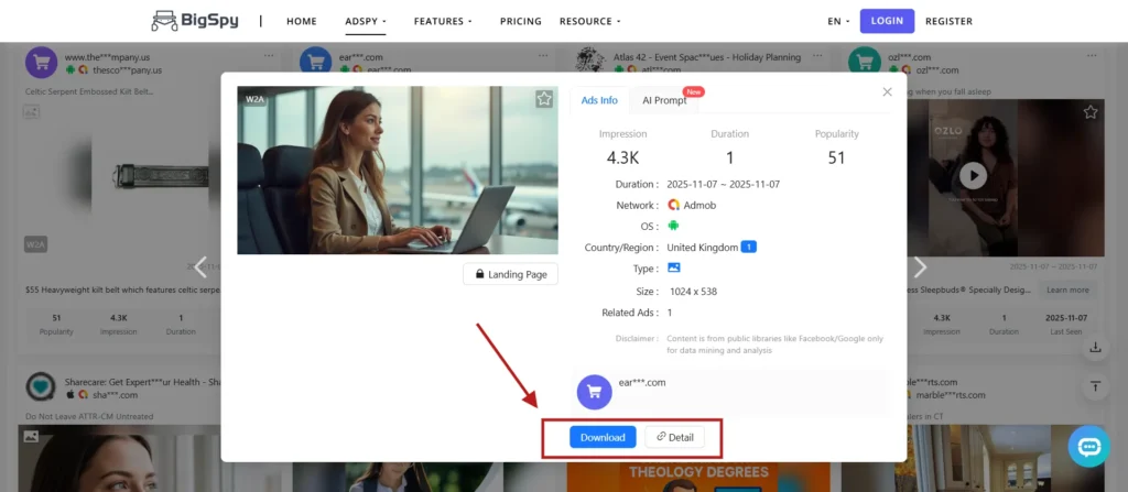 BigSpy Ad detailed insights