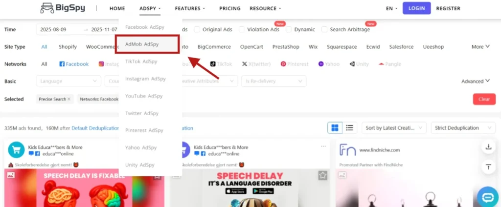 Navigate to the AdMob Ad Spy Library using BigSpy