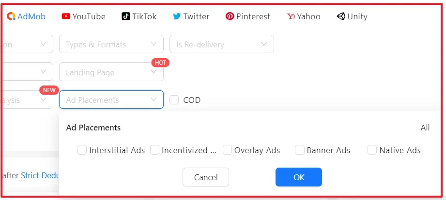 BigSpy multiple filtering options to search